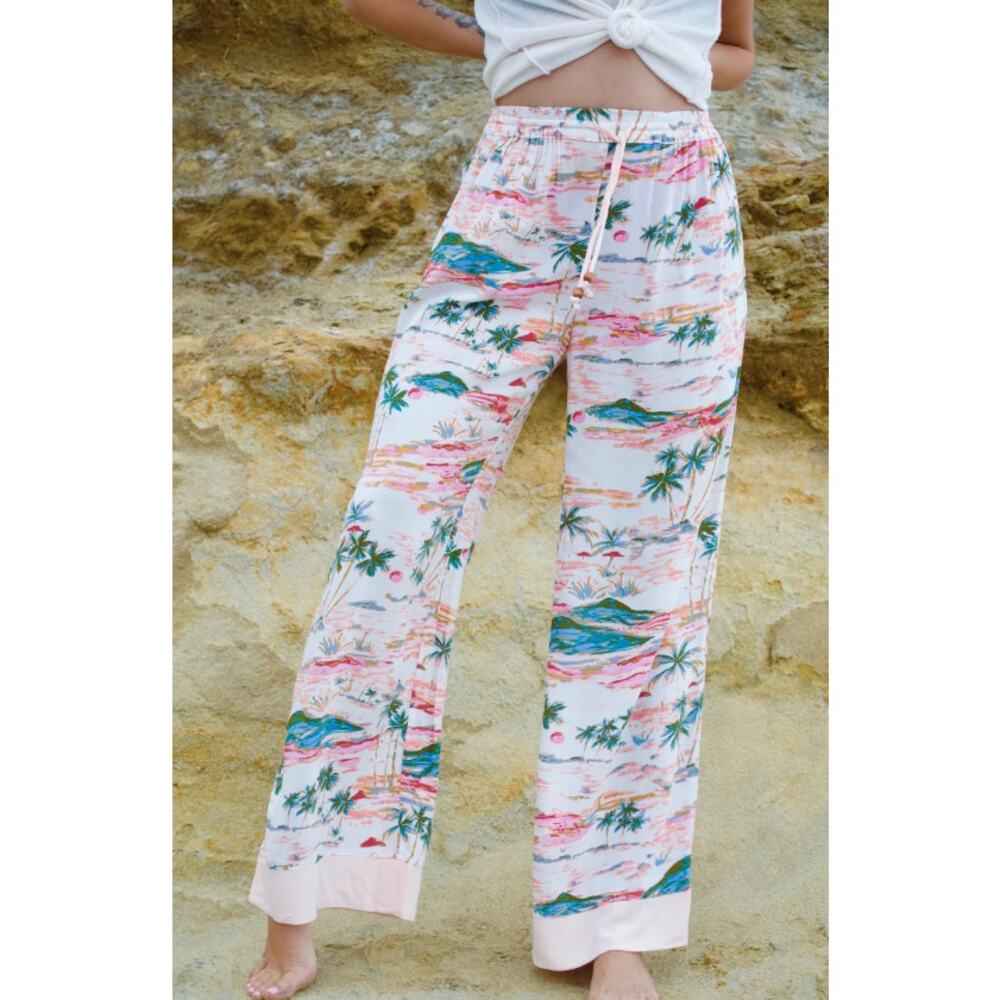 FREE PEOPLE Intimately white pink beach wide leg pull on Blue Lagoon pants